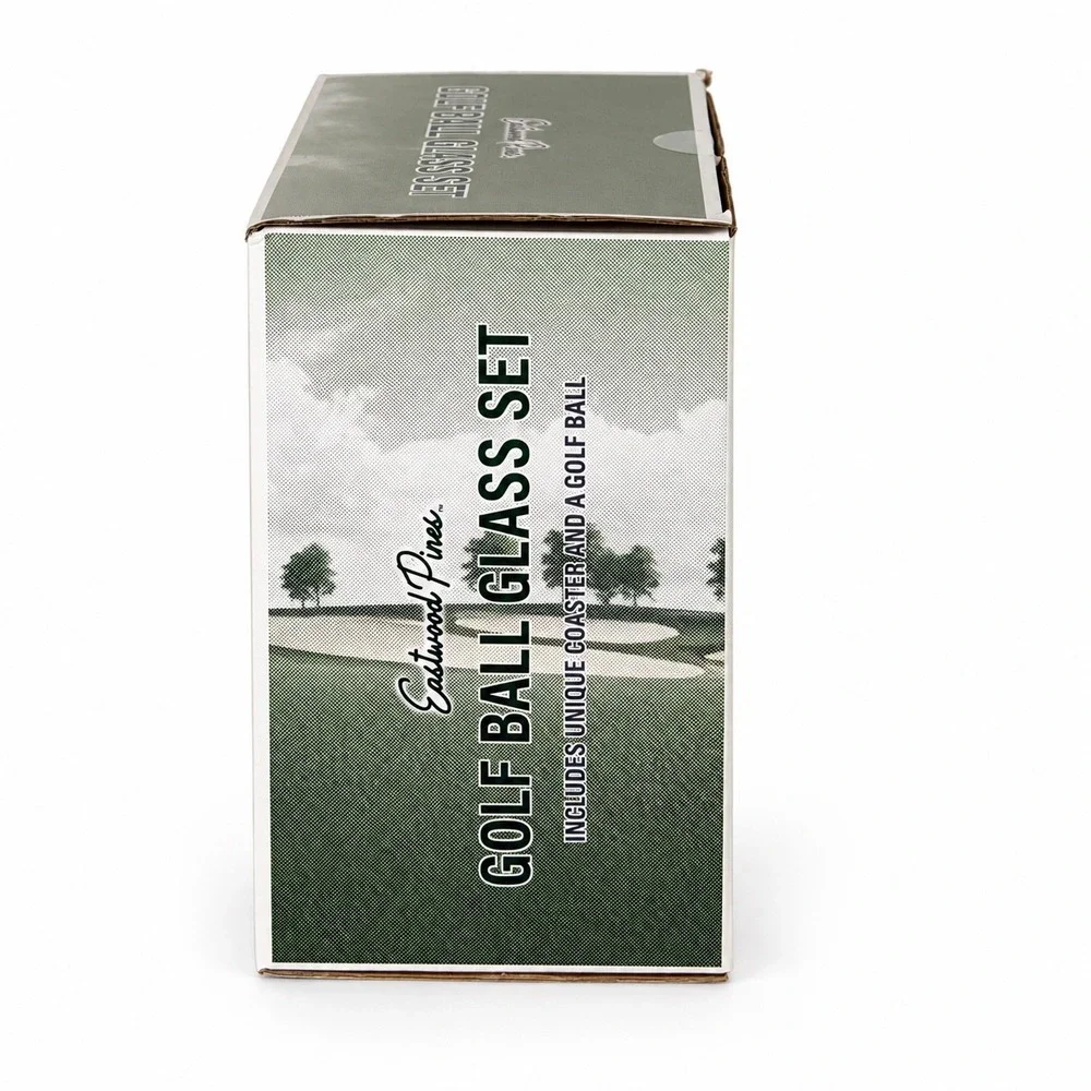 Eastwood Pines Golf Ball Glass Set 10oz Real Golf Ball Wooden Coaster 110-80